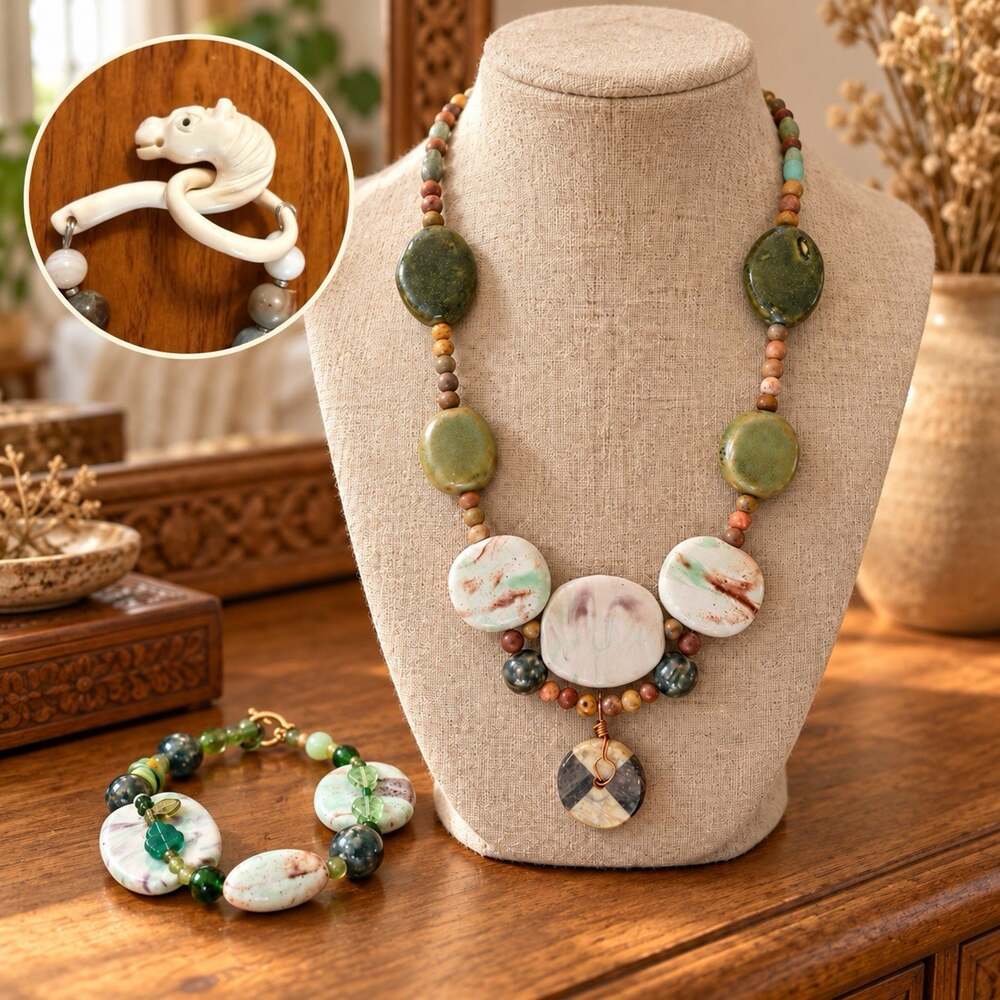 Boho Mixed Bead Necklace Bracelet Set Green Ceramic Horse Head Toggle Clasp